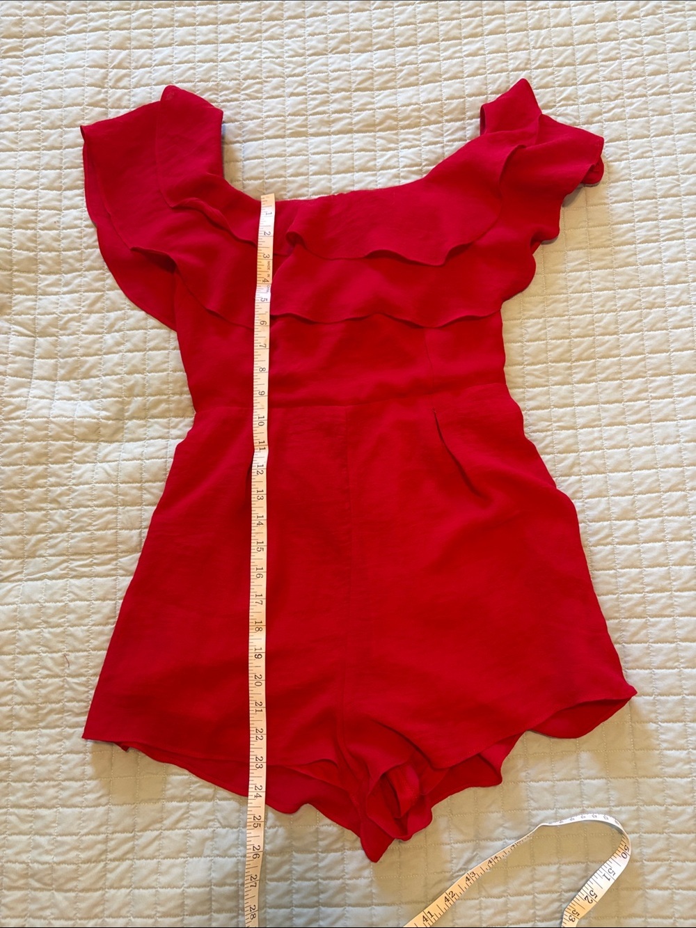 Red Ruffled Off-Shoulder Romper - Picture 5 of 8